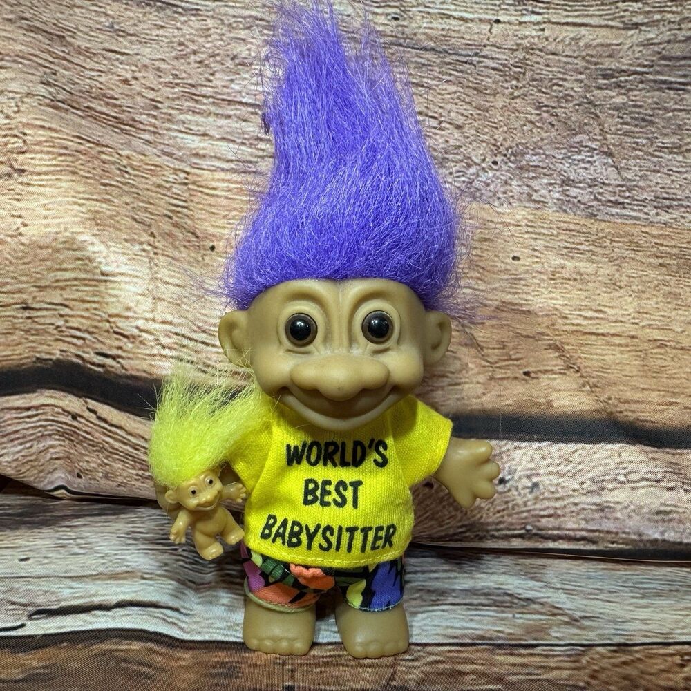 Vintage Russ "World's Best Babysitter" Troll Doll Purple Hair W/ Baby